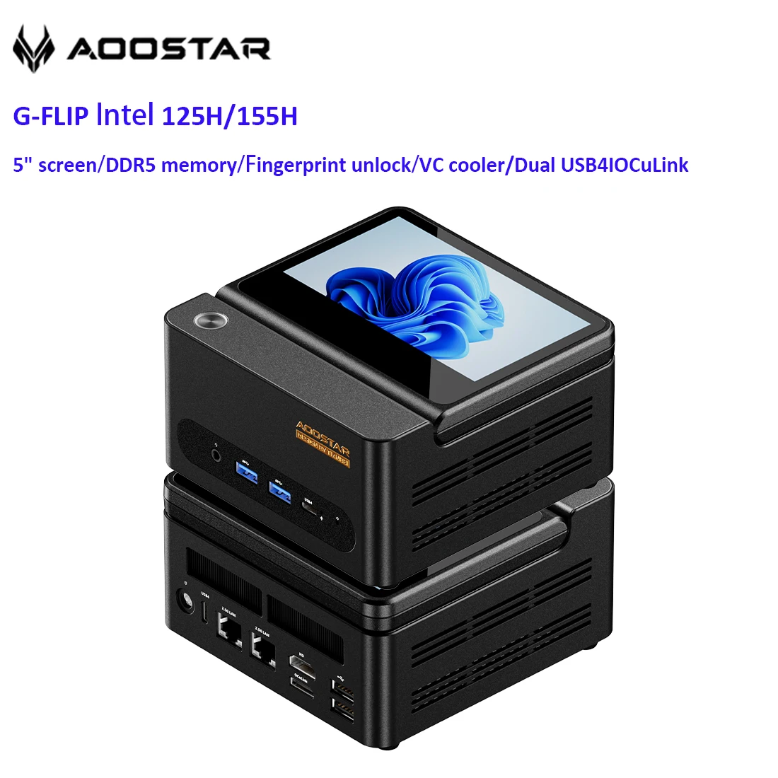 AOOSTAR G-FLIP Mini PC Intel Core Ultra 5 125H/155H Schermo pieghevole da 5 pollici WiFi7 Doppie porte Ethernet 2,5G per giochi domestici