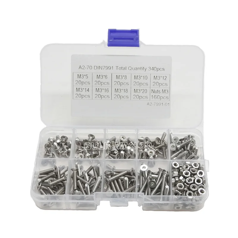 340pcs/Set M3 SS304 Stainless Steel A2-70 DIN7991 Countersunk Hex Socket Cap Head Screws Nuts Bolt Assortment Kit