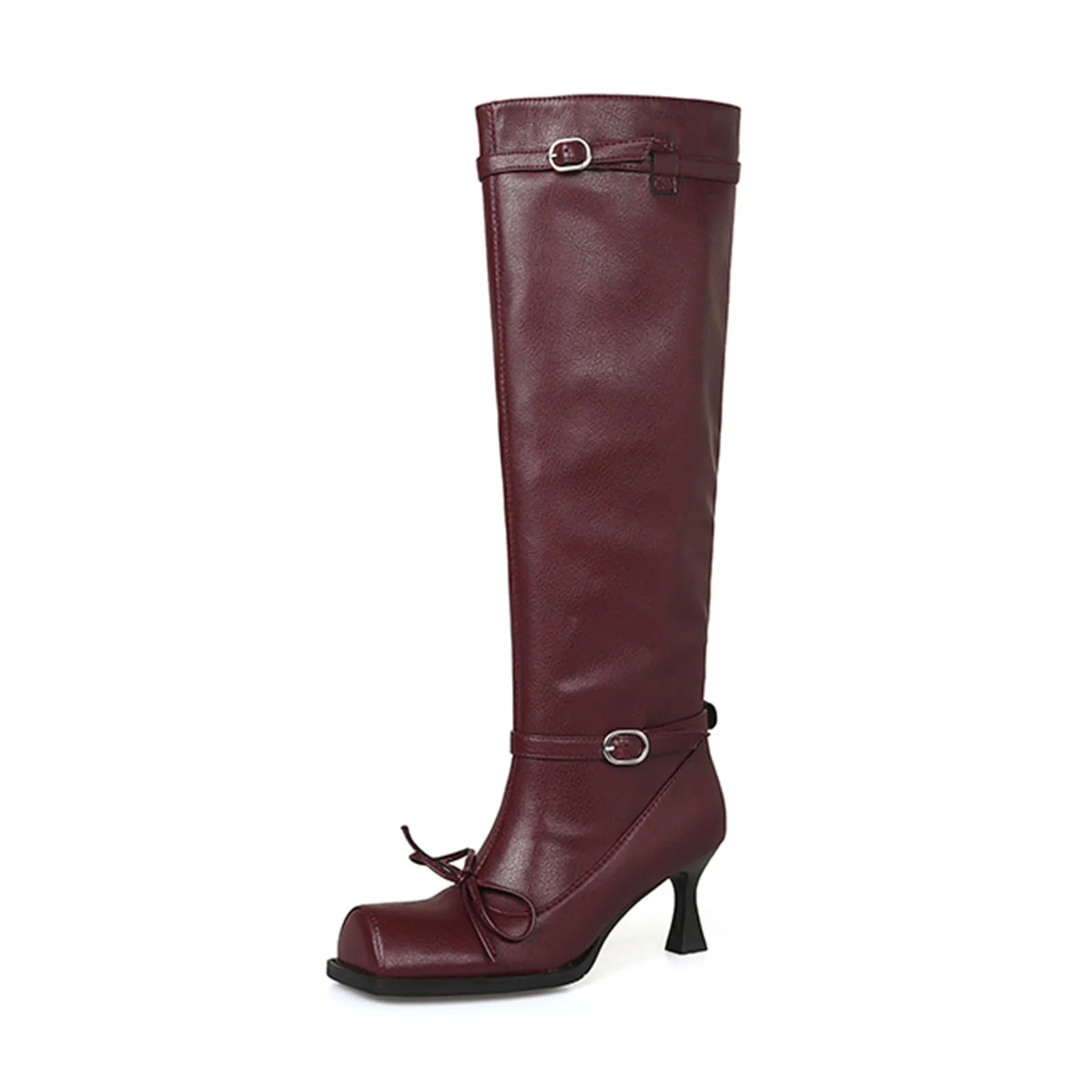 

Arden Furtado 2025 Square toe sheepskin Pleated knee high boots burgundy Modern boots bowknot Pull-on Stilettos heels Boots