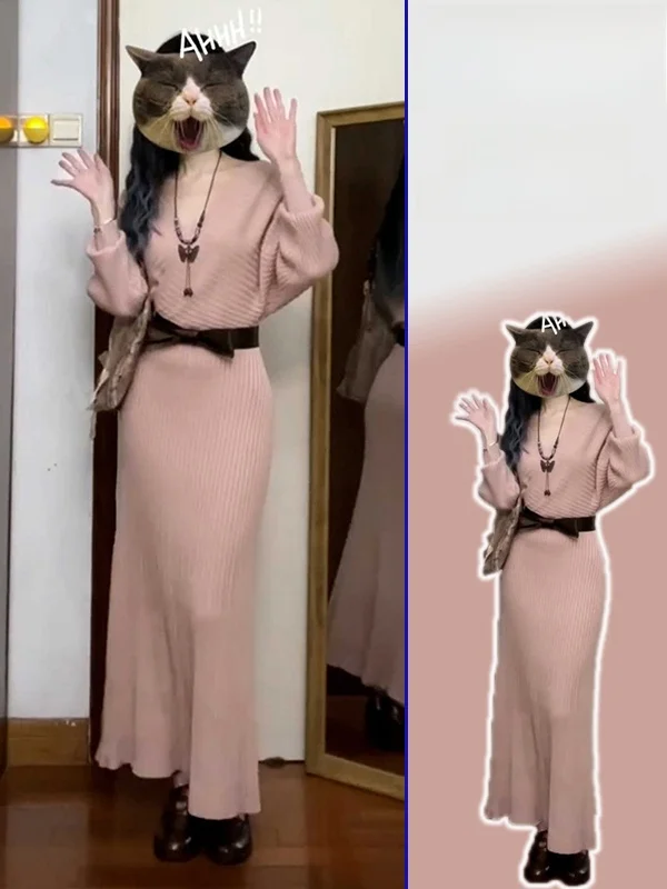 

plus Size Women's Pink V-Ne Long Sve Dr Slimming A-Line Knitwear Spring Autumn Gentle Sle Casual Bodycon Dr