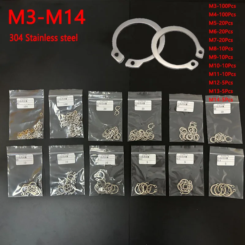 315Pc GB894 M3-M14 304 Stainless Steel Shaft Bearing Retaining Clip Snap Ring C Type External Retaining Rings Assortment Kit Set
