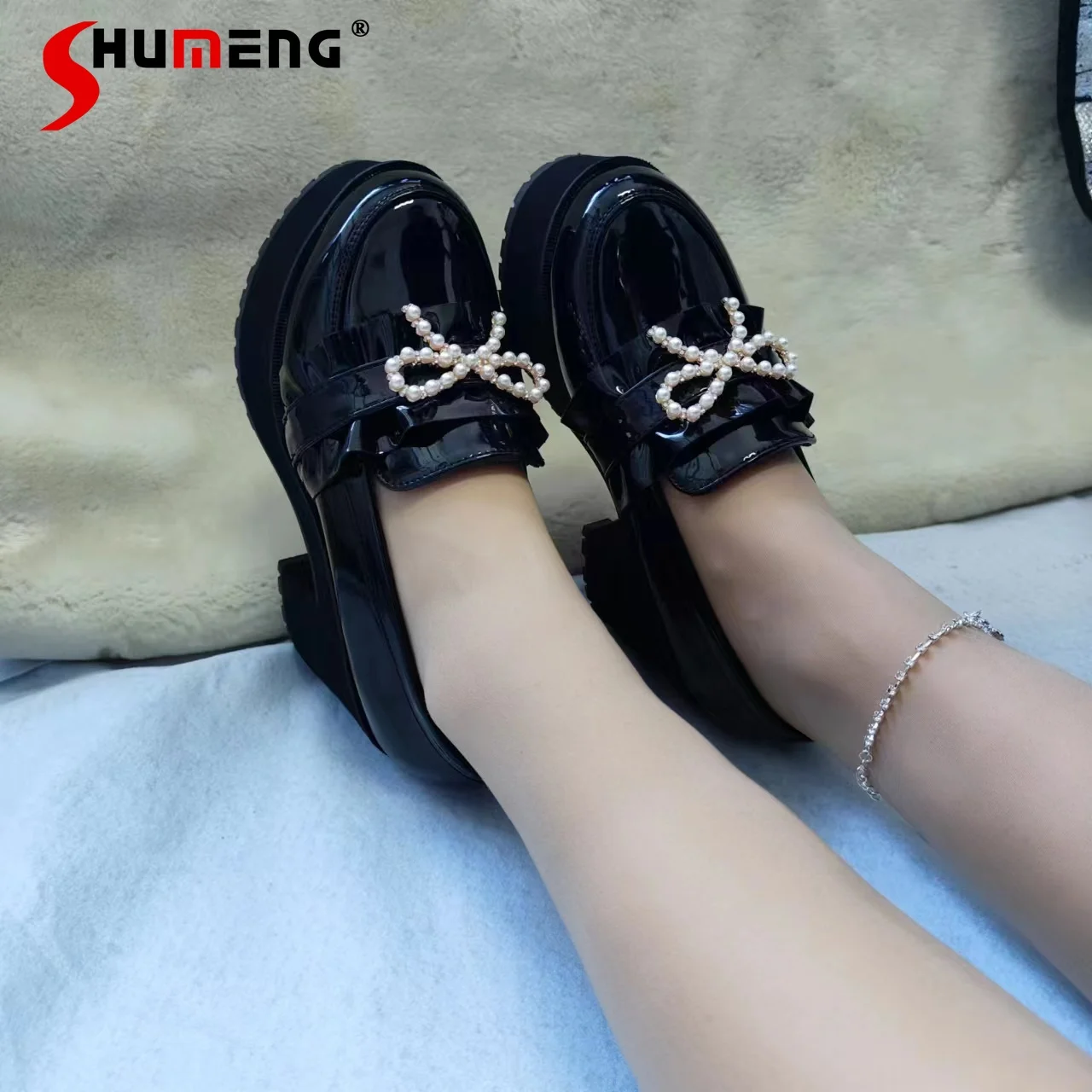

Japanese Mine Style Sweet Cute Versatile Mary Jane Shoes Bow Pearl Buckle Black PU Lolita High Heels Women Platform Shoes Summer