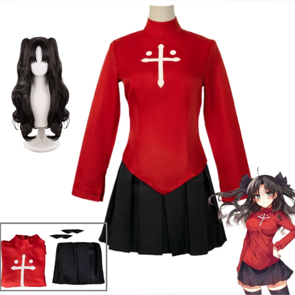 

Fate/stay Night Rin Tohsaka Cosplay Costume Full Set Red Top and Skirt with Accessories and Wig for Stage Performance Costume