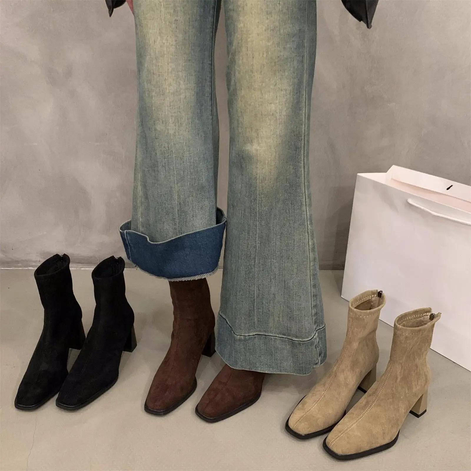 

Korean Style High Heel Short Boots Women's Shoes Velvet Surface Square Head Slim Booties Autumn Winter New Arrival