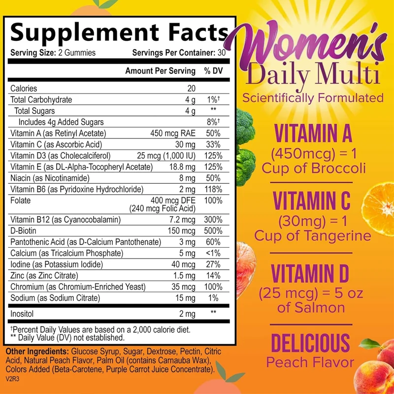 Women's Complete Daily multivitamin gummies, immune health support, peach flavored -60 gummies