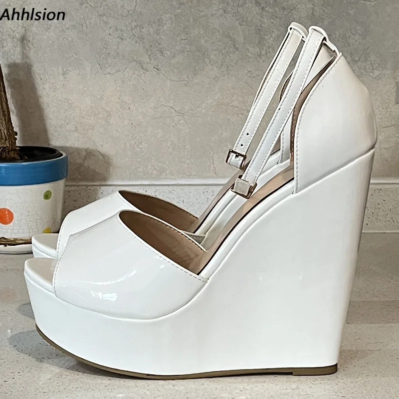 

Ahhlsion/женские глянцевые сандалии ручной работы, удобные туфли на танкетке с открытым носком, красивые белые вечерние туфли, женские размеры США 5-20