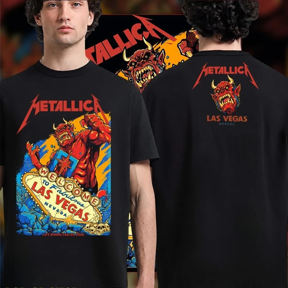Metallica Life Burns Faster 2026 Las Vegas Tour T-Shirt Demon Monster Graphic Double Sided Print Unisex Heavy Metal Rock Band