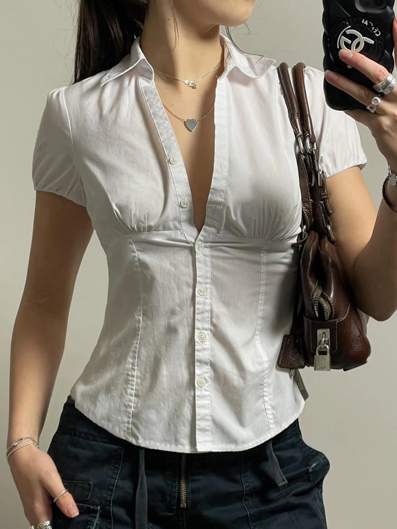 Cuteandpsycho Casual Solid Tee Shirts for Women Turn-down Collar Button Up Corset Blouses Korean Short Sleeves Fashion Cute Tops