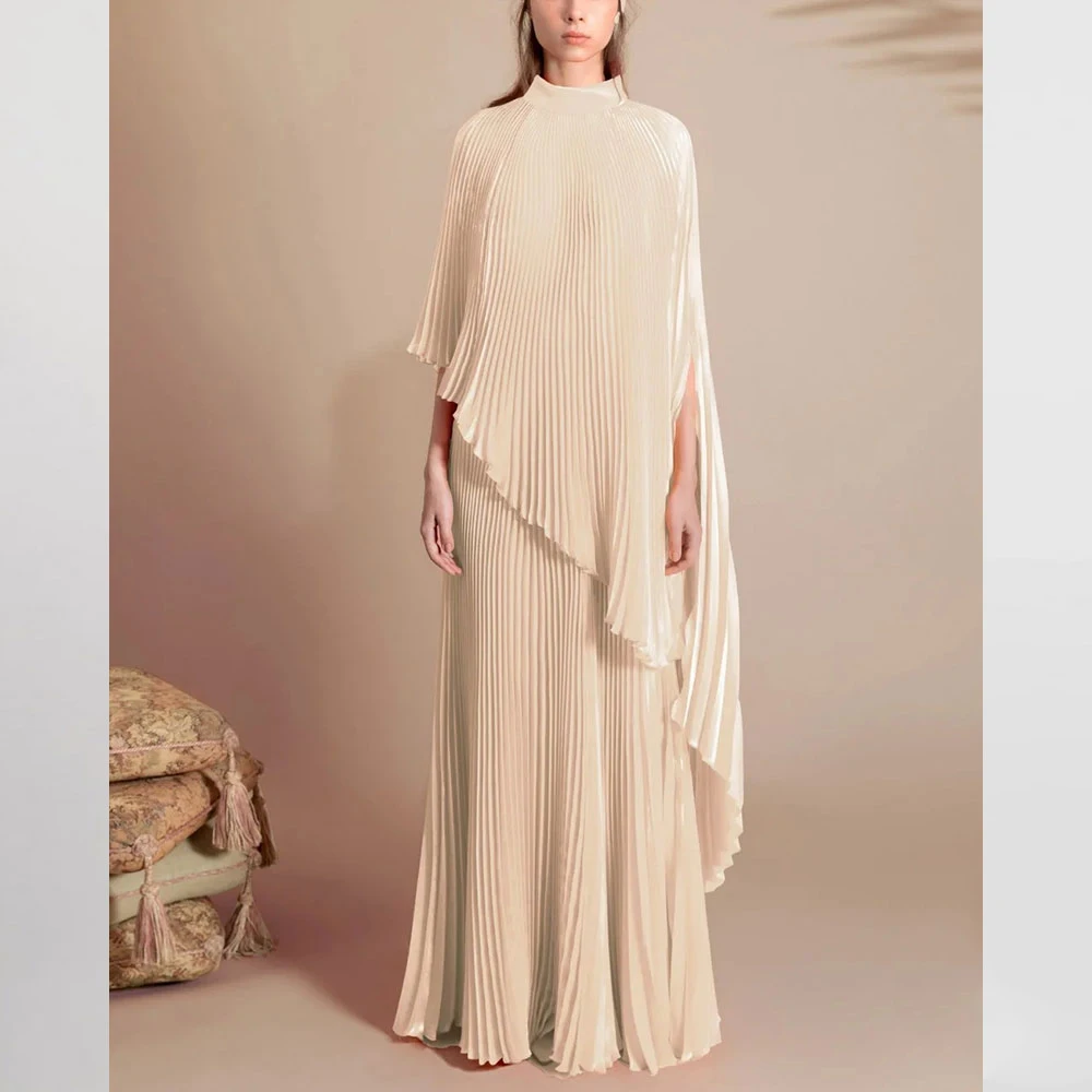 Elegant Evening Dress For Women 2024 New فساتين السهرة Dubai Straight O-Neck Long Sleeve Fashion Pleat Cocktail Party Gown