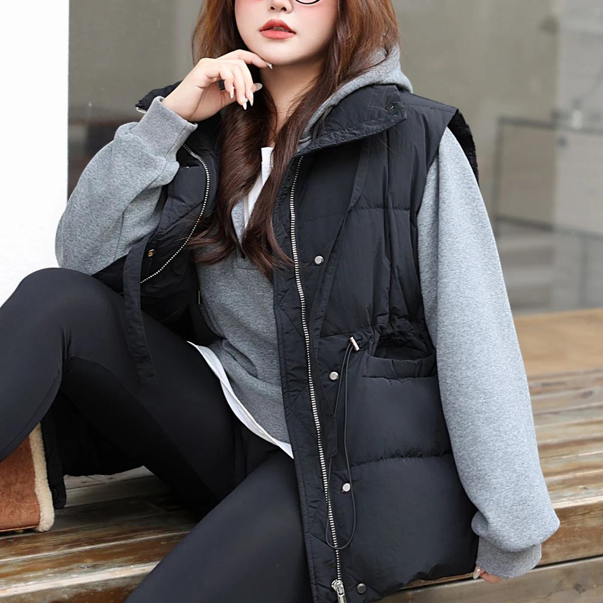 

Plus Size Women's Parka Premium Keep Warm Casual Black Sleeveless Coat Drawstring Waist Cotton-Padded Waistcoat Winter 2025