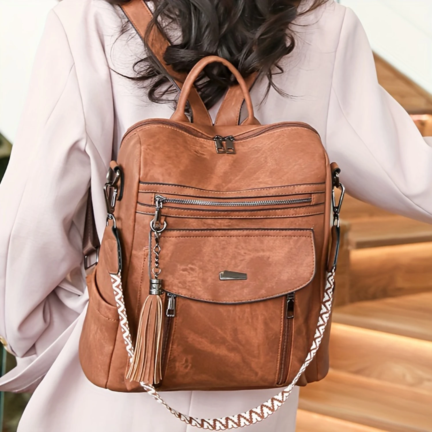 Womens Fashion PU Leather Backpack, Versatile Shoulder Bag, Crossbody Casual Handbag, Multi-Pocket Design With Tassel Detail