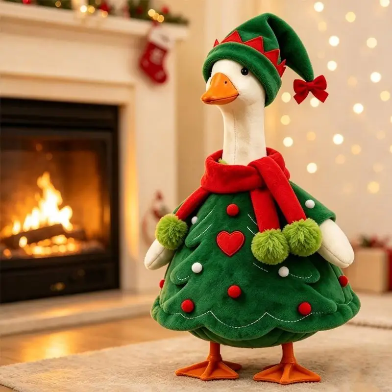 Christmas Tree Porch Geese Costume, Soft Fabric Outfit with Heart and Furry Ball Decors for Yard, Lawn, Party, and Photo Display