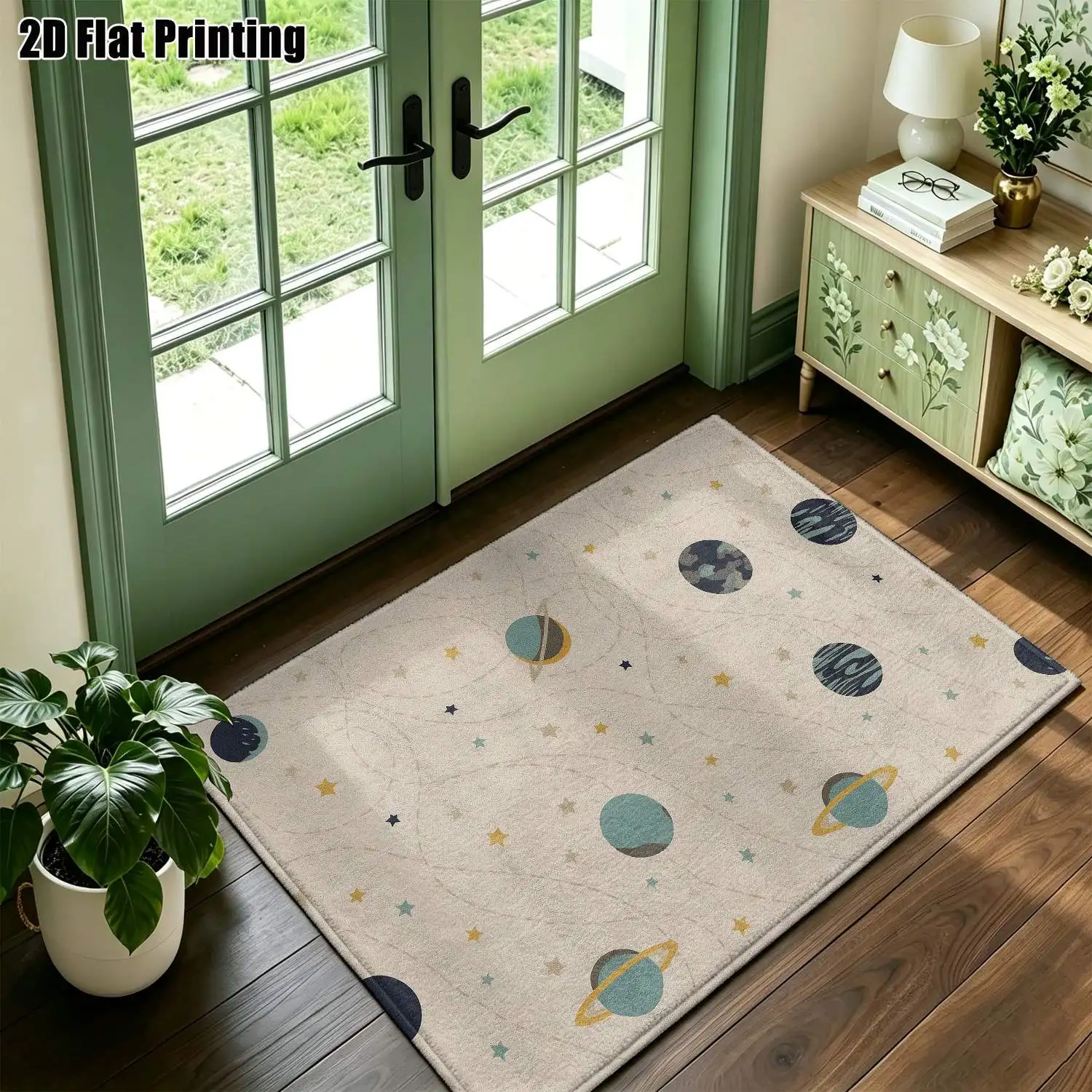 1Pc 2D Printed Carpet: Blue-Yellow Planetary Patterns Nordic/Modern Minimalist/Geometric Striped/Vintage Style, Home Decor, Multi-Size, Machine Washable. For Entrance, Living Room, Bedroom, Dining Room, Foyer.
