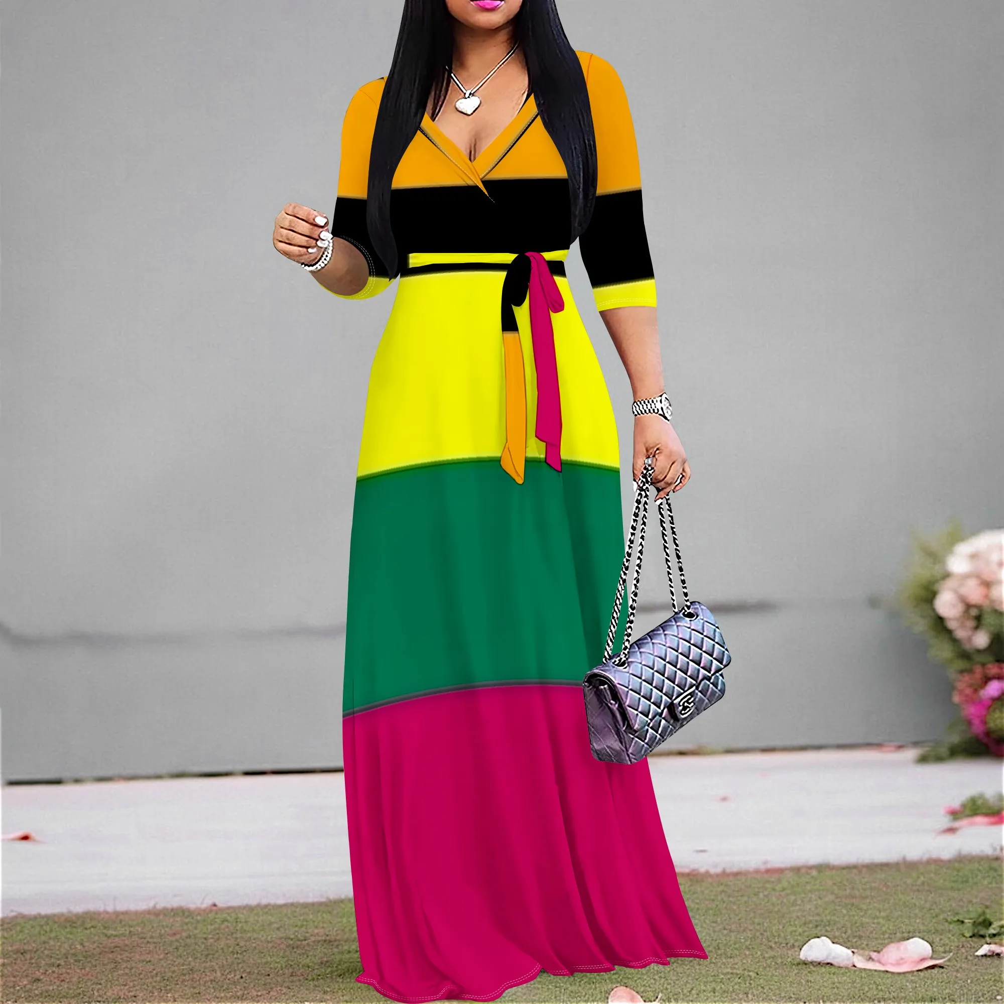 

Women's S-3XL Bright Color Block Wrap Maxi Dress V Neck Half Sleeve Long Dress with Tie for Celebration Holiday Party Event