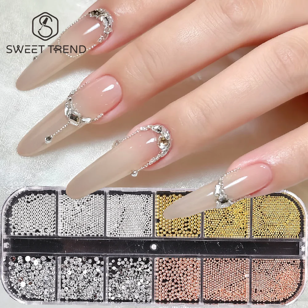 SWEET TREND-12Grids Small Micro Beads For Nail Art Decoration Golden Silvery Caviar Bead Nail Charms Parts Manicure Accessories