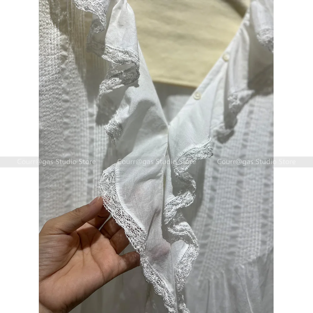 2024 Spring and summer French color ruffled collar cotton short sleeve pinch pleat design temperament shirt blouse