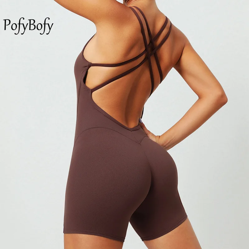 

PofyBofy Stretchy Built in Chest Bra Sleeveless Crisscross Backless Butt Lifter Tummy Control bodysuit Short Fitness Body Shaper