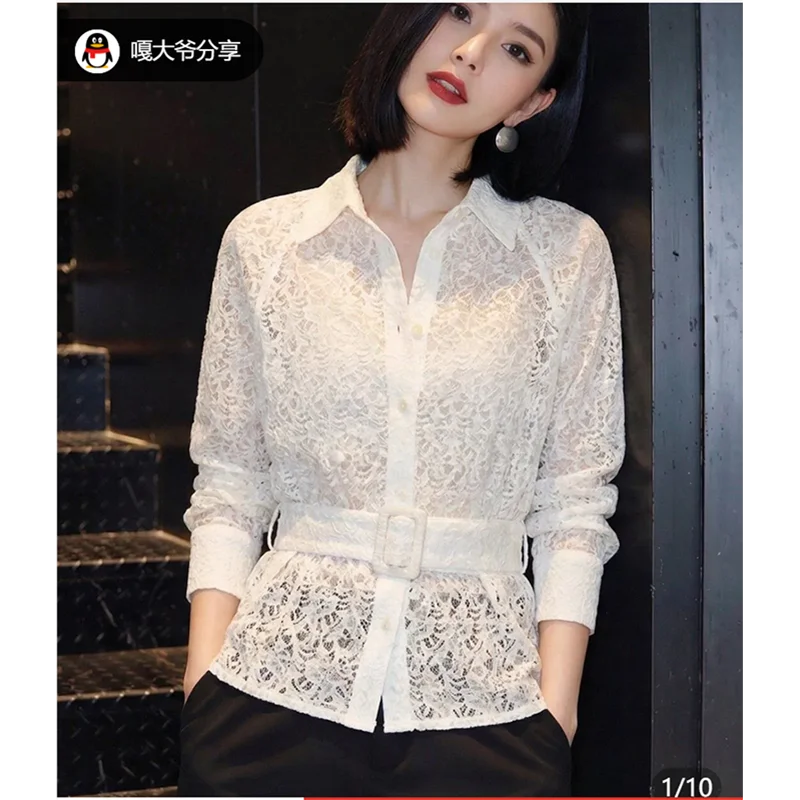 

Elegant Simple Style Women's Long Sleeve White Lace Shirt Hollow out Slimming Commute Top Spring Summer New Arrival