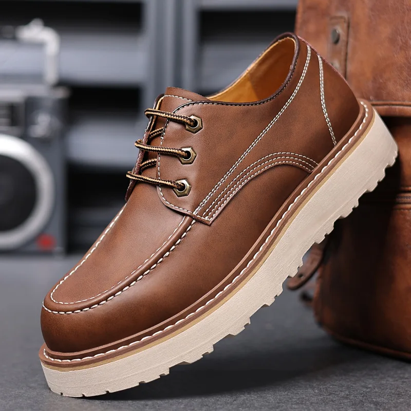 Men\'s British Retro Casual Shoes Men Thick Sole Heightened Fashion Work Shoes Mens Lace-up Comfortable Outdoor Flats Oxfords