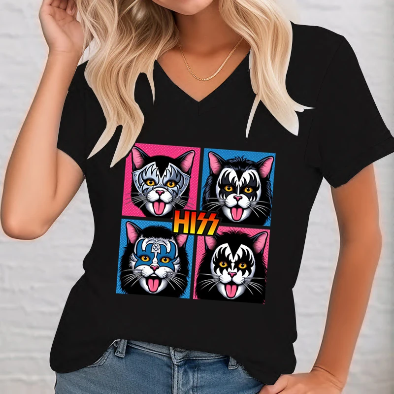 Cats Rock Music Graphic T Shirts Women Funny Cat Print V-neck Women's Clothing Funny Cat Rock and Roll Essential Summer T-shirt