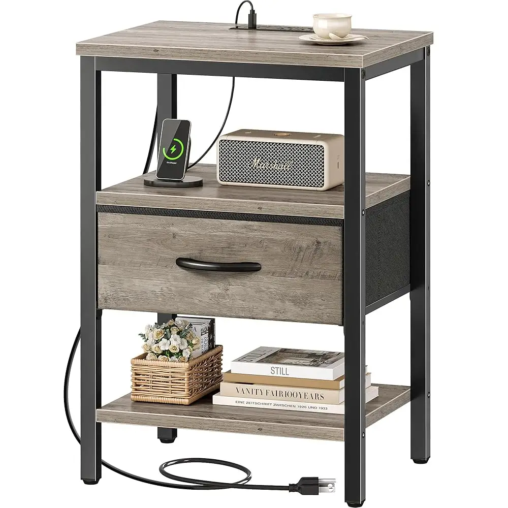 

Nightstand With Charging Station, Bed Side Table With Adjustable Fabric Drawer, Night Stand For Bedroom, 3-Tier Storage End