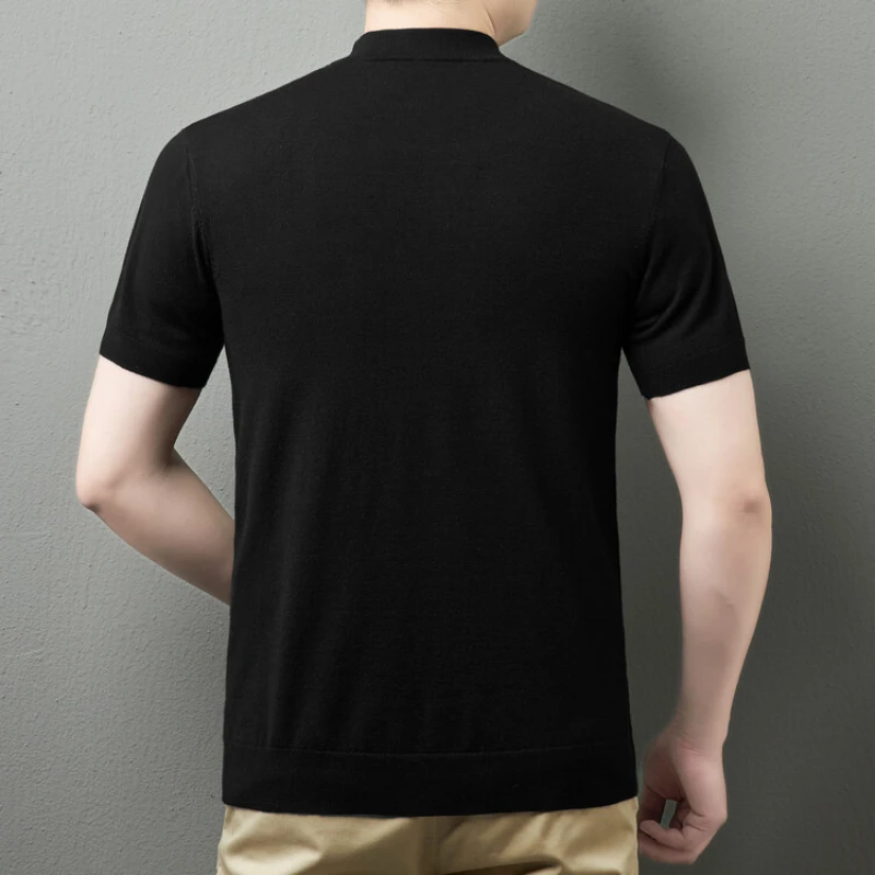 Stretchable Black Half-high Collar Undershirt for Men, Slim-fit Short-sleeved O-neck T-shirt. Knitted Sweater with A High Neck.