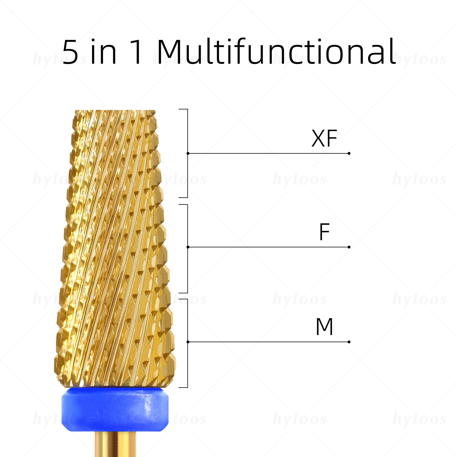 HYTOOS ゴールド テーパー型 5 in 1 ネイルドリルビット フラットトップ 超硬ネイルビット ジェル除去 電動ドリル ファイル マニキュア アクセサリー ツール