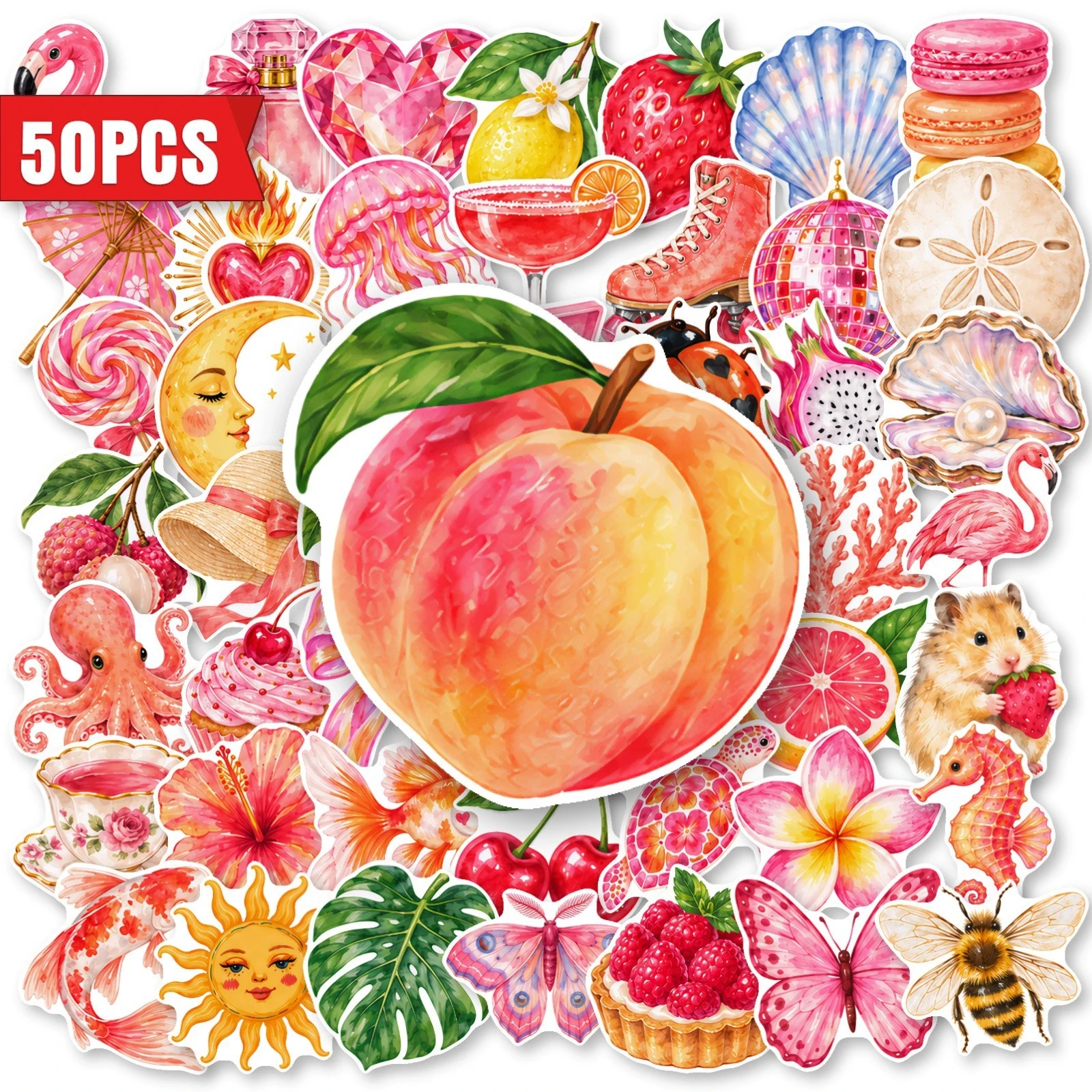 50pcs Watercolor Graffiti Scrapbook, Notebook Stickers – Pink Fruit Ocean Animals Butterfly & Dessert DIY Decor Stickers