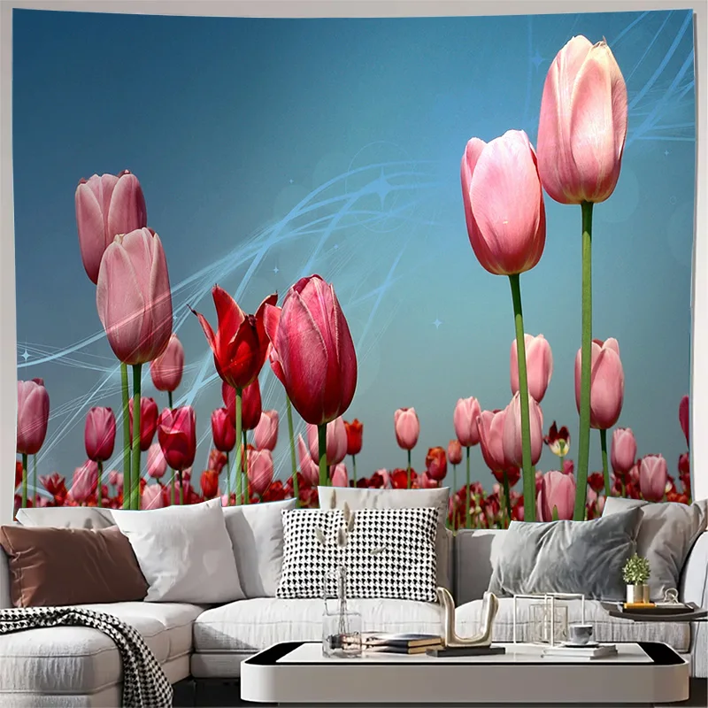 Pink and Red Tulips Field with Blue Sky Wall Tapestry Machine Washable All Season Decor Print Home Enhance spatial aesthetics