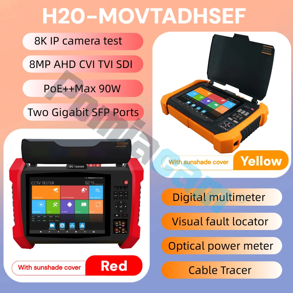 With 2 Gigabit SFP Ports 8K IPC Tester PoE++ 90W, 8MP AHD TVI CVI SDI CCTV Tester TDR OPM DMM VFL Cable Tracer