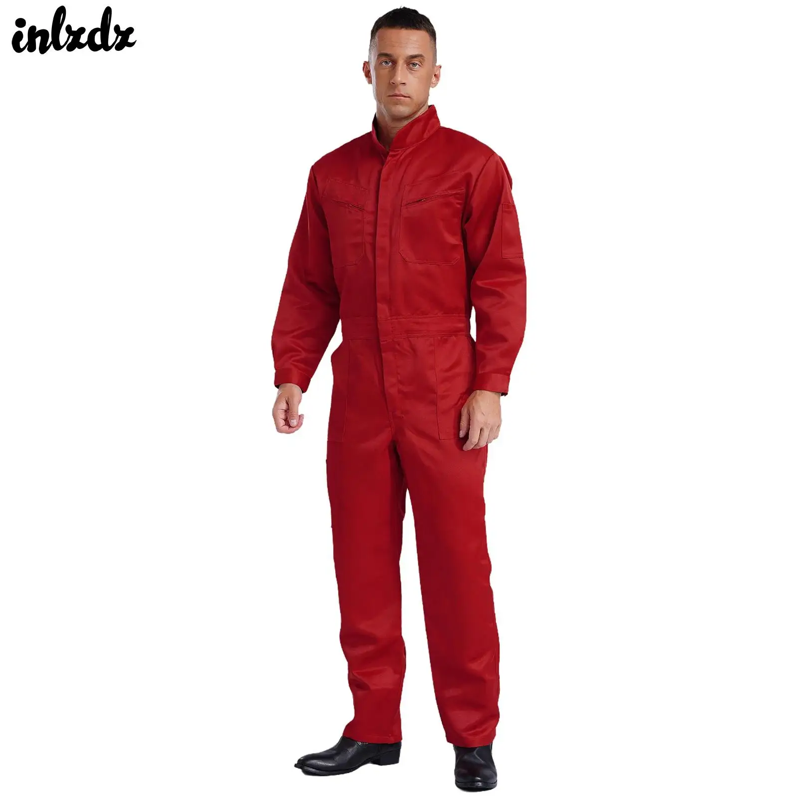 

Mens Coveralls Uniforms Cotton Overalls Bodysuit Work Jumpsuit 100% Bib Pant Stand Collar Long Sleeve Front Zip Multiple Pockets