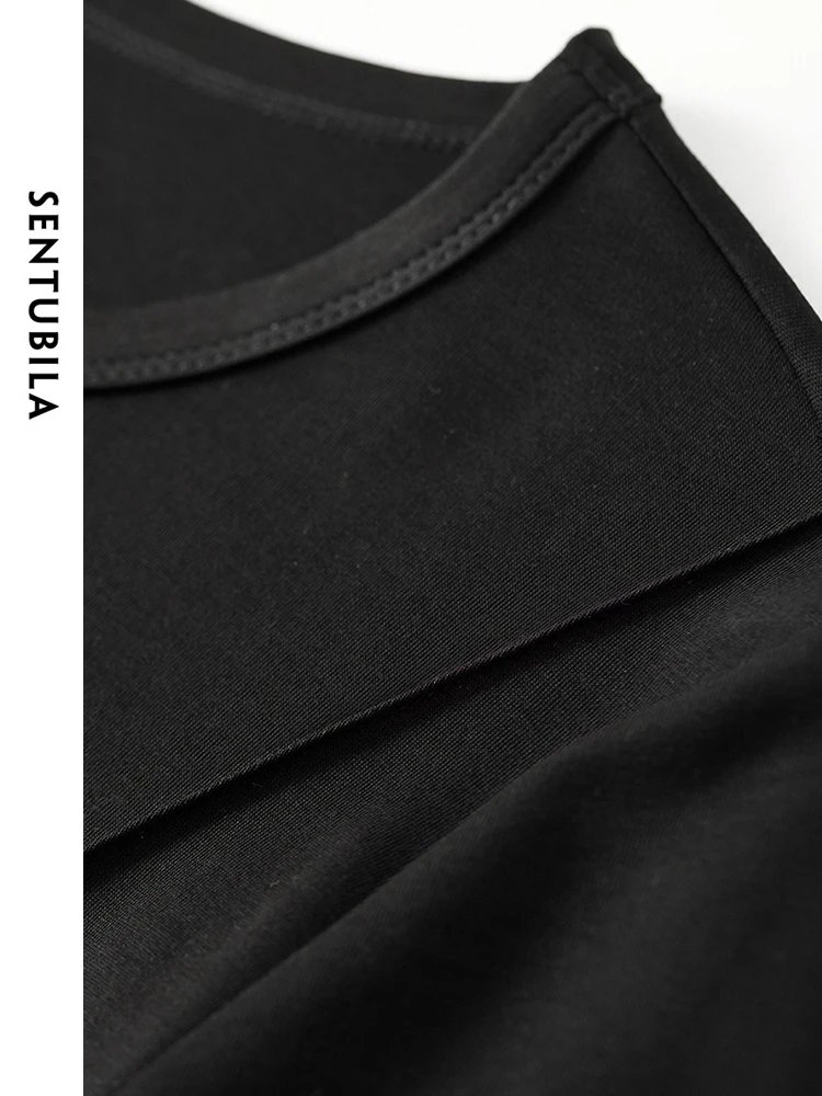 SENTUBILA Cotton Black T-Shirt Women 2025 Autumn Casual Round-Neck Long Sleeve Tops Korean Style Women's Clothing 143T55922