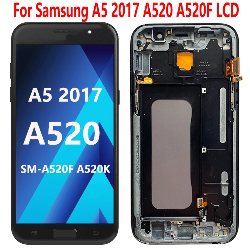 SUPER AMOLED A520 For Samsung A5 2017 LCD Display Touch Screen 5.2'' With Frame Digitizer Assembly For  A5 2017 A520F LCD