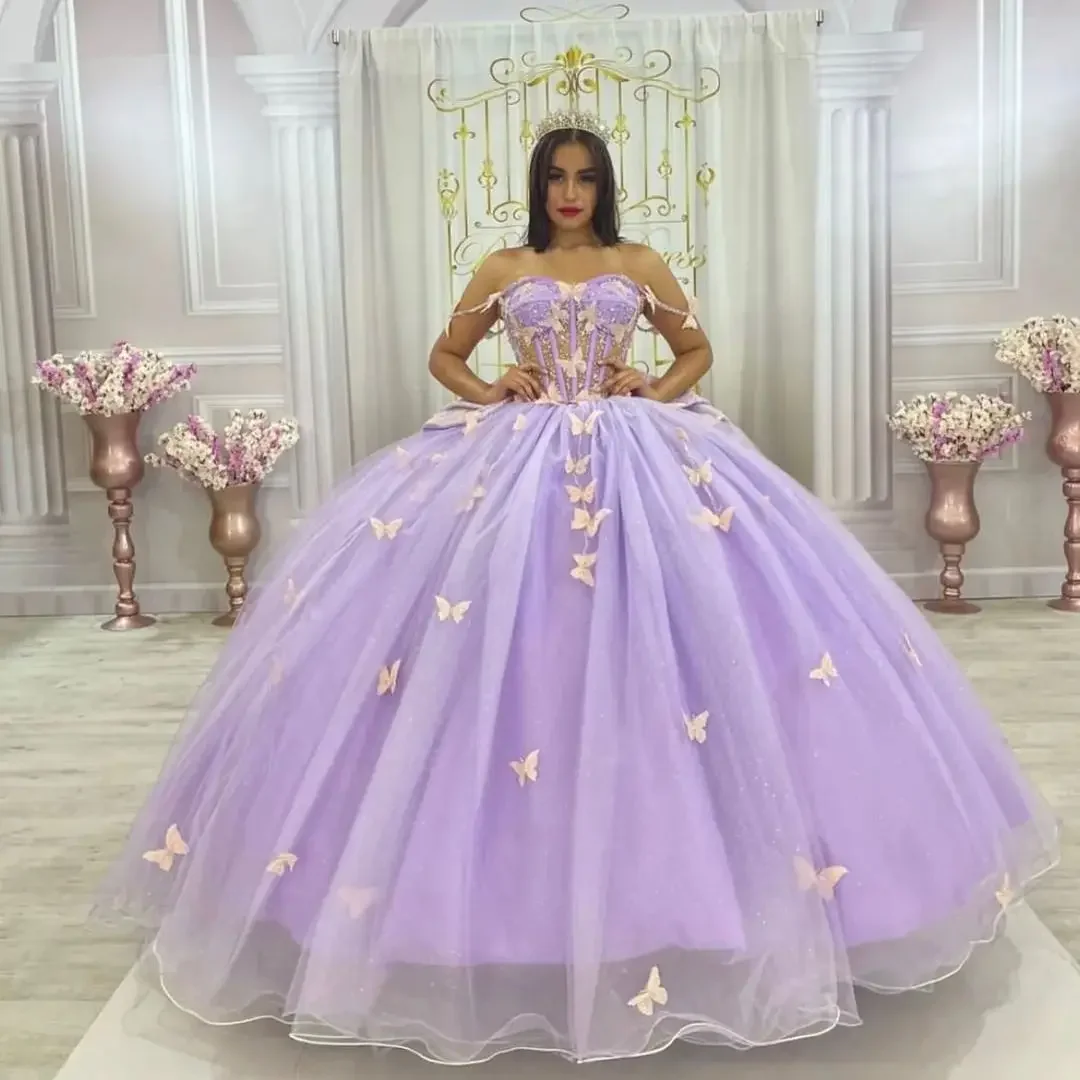 Glittering Lilac Butterfly Quinceanera Dresses With Bow Off-Shoulder Vestidos De 15 Anos Party Prom Princess Dress