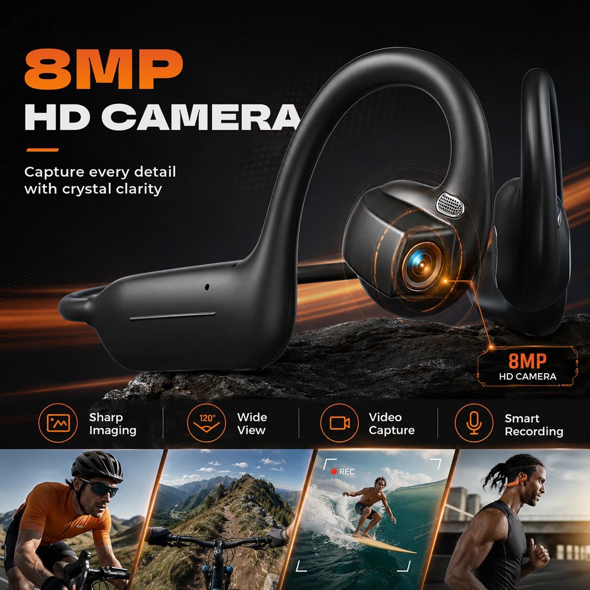Bone Conduction Headset 8MP EIS Camera AI Translation Open Ear 8GB Storage For Outdoor Enthusiasts Cycling Travel Vlog Shooting