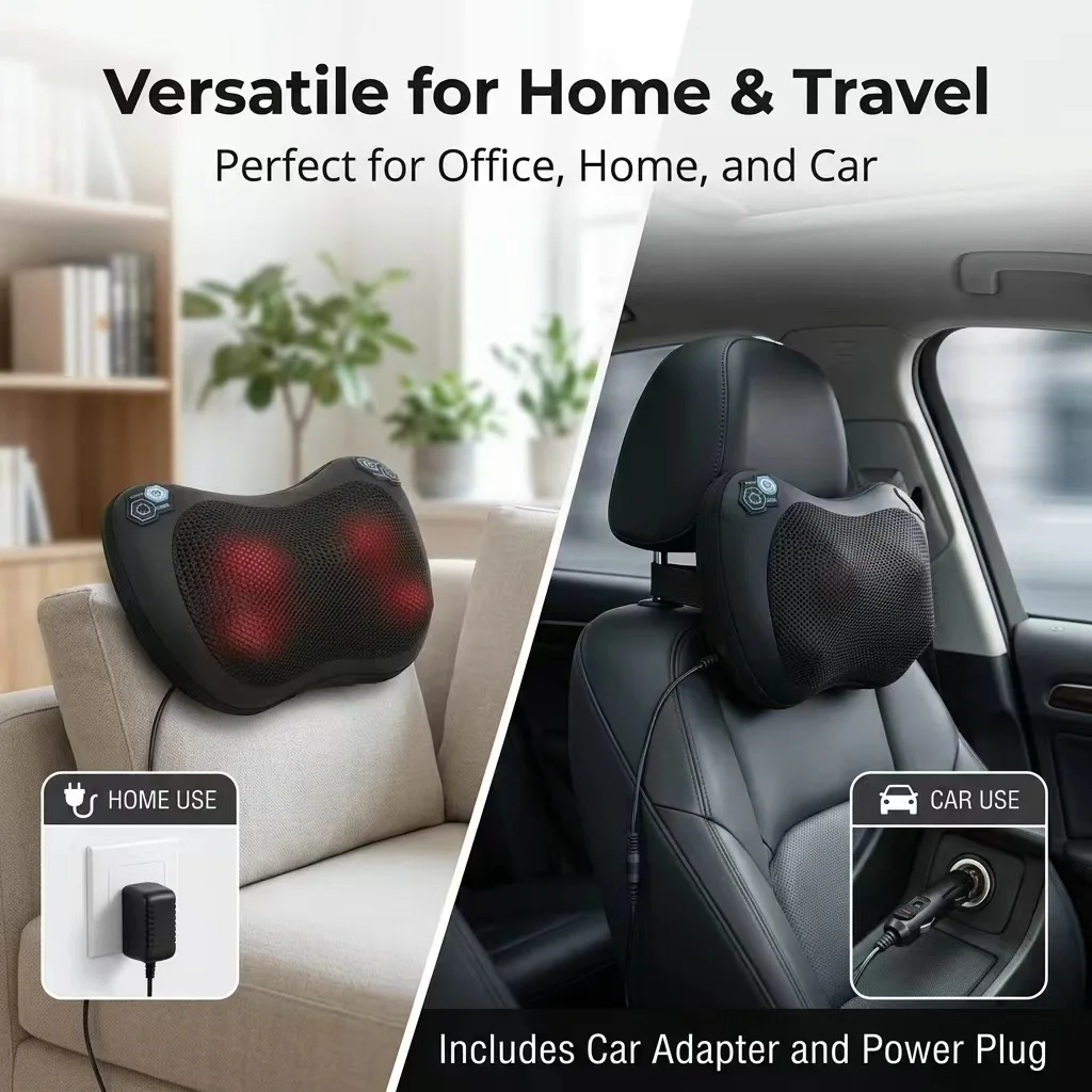 Back And Neck Massager with Heat 3D Kneading Shiatsu Deep Tissue 4 Rotating Nodes Corded Electric Fatigue Relief Car Adapter
