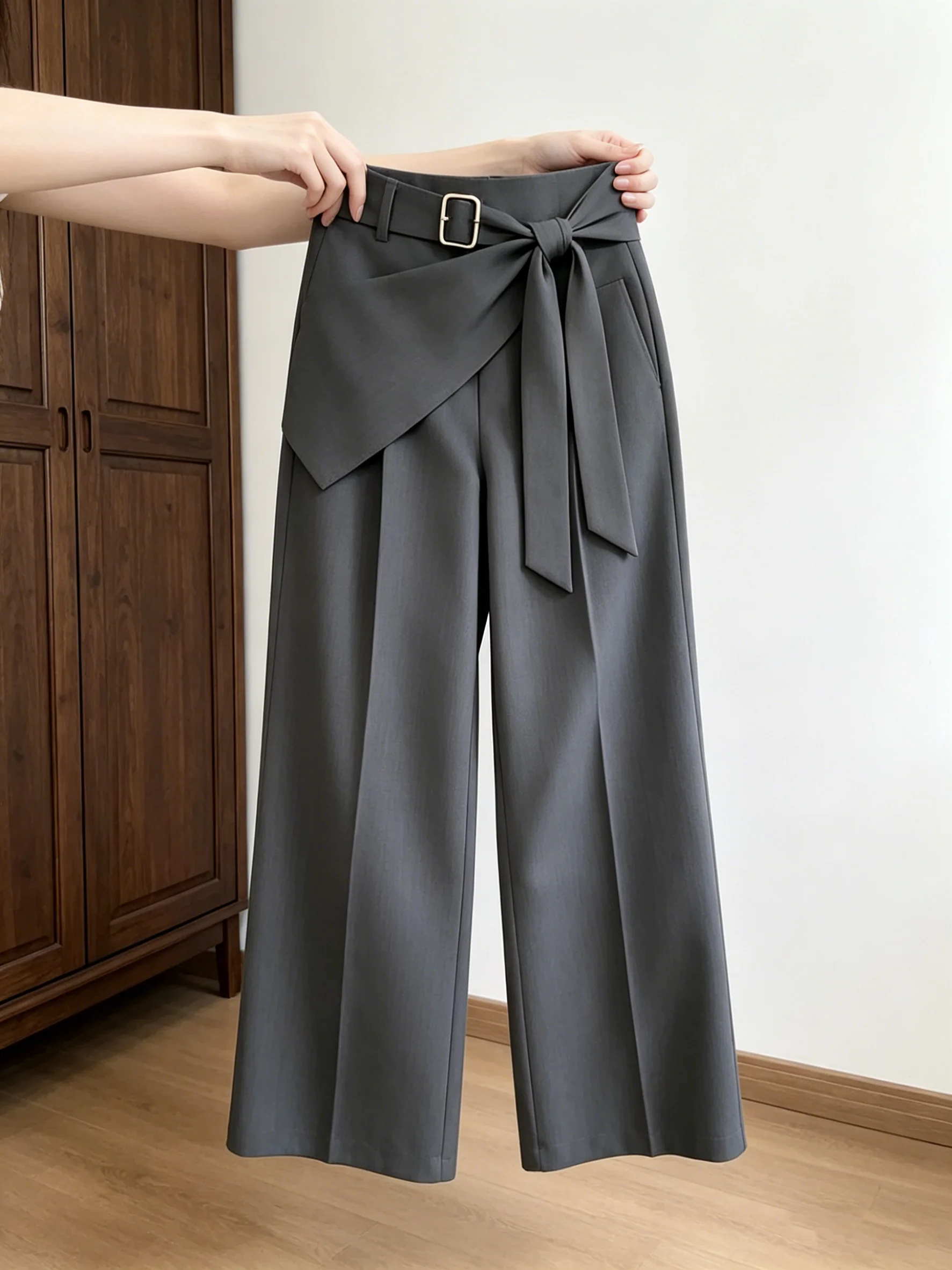 Gray Korean Style Wide Leg Suit Pants Women's Summer 2026 New Fashion High Waist Belted Trousers Casual High Quality