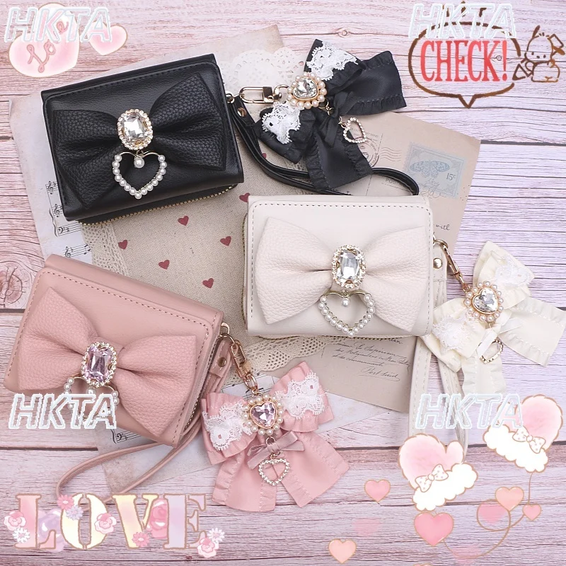 Handmade Japanese Sweet Lace Rhinestone Bow Pendant Large Capacity Wallet Bag Women Lolita Girl Leather Coin Purse Card Holder