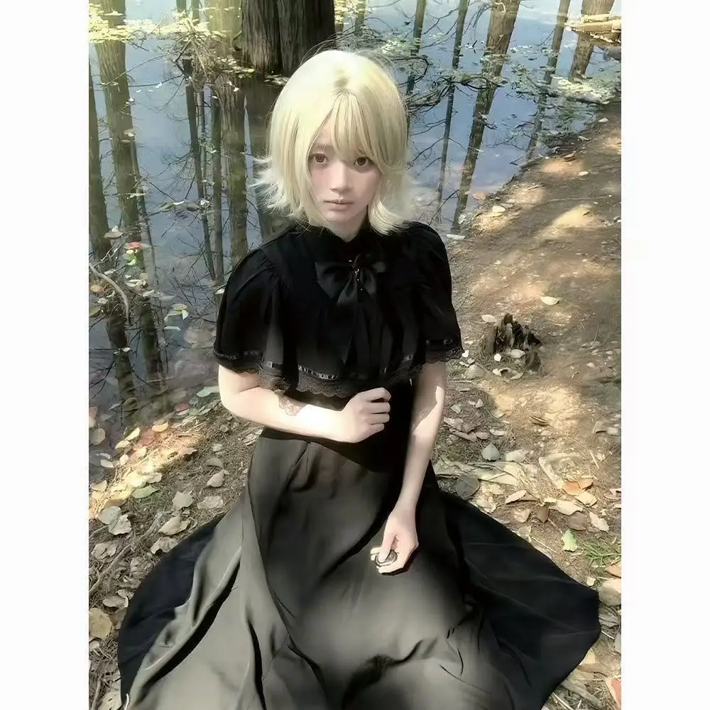 Abito Lolita in stile gotico nero da donna Gonna lunga con bordo in pizzo stile francese Ragazze vintage Halloween Street Cosplay Abbigliamento femminile