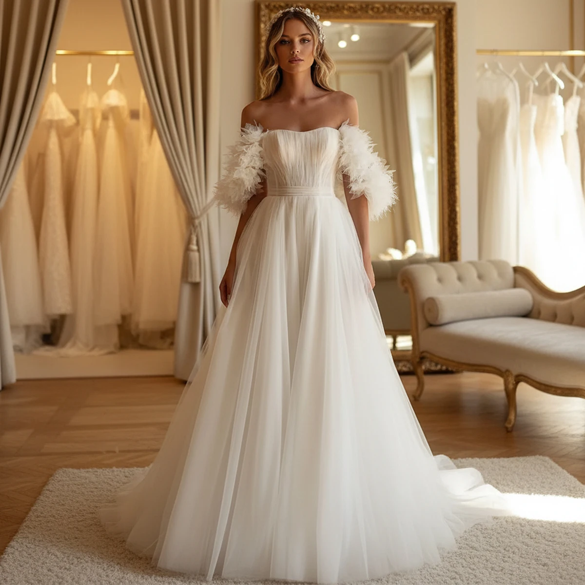 فستان زفاف أنيق منتفخ من التول مع ذيل طويل بدون أكتاف لحفلات الزفاف العروس من فيستدوس نوفيا