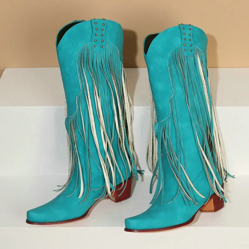 Curved Toe Green Blue Mid-calf Western Botines Shoes With Fringes American Cowboy Chunky Heels Winter Boots For Wide Calf Leg