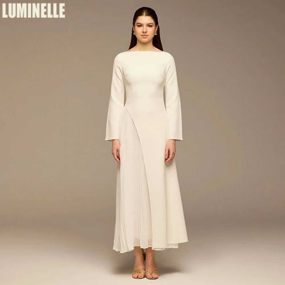 

Ivory Crepe Maxi Dress with Side Chiffon Pleated Panel Long Sleeve A-line Ankle Length Arabic Evening Dresses Women Customized