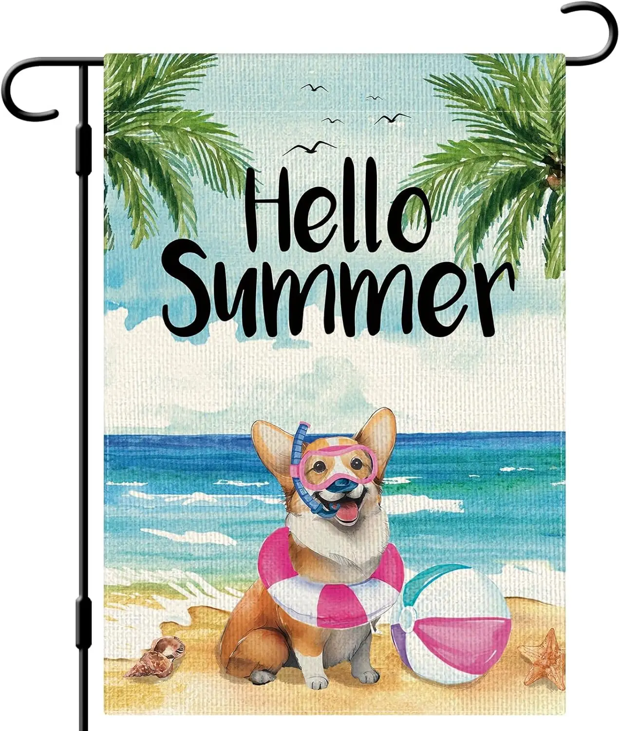 DLZDN Hello Summer Dog Garden Flag Beach Corgi Garden Flag 12×18 Inch Double Side Vertical Burlap Farmhouse Yard Flag Summer EEZ