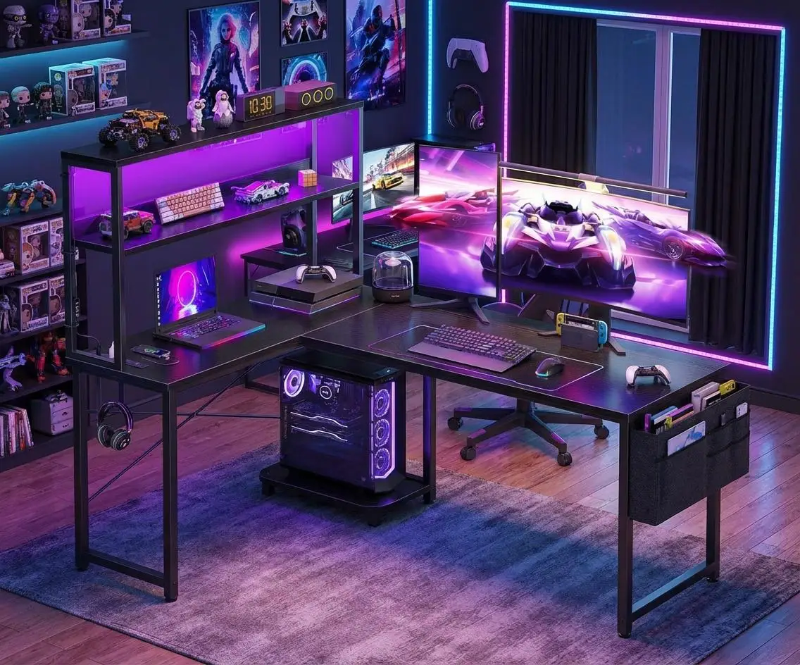 Scrivania da Gaming a L con Prese di Corrente e Luci LED, Scrivania Angolare con Supporto Monitor per Ufficio Domestico, Salvaspazio