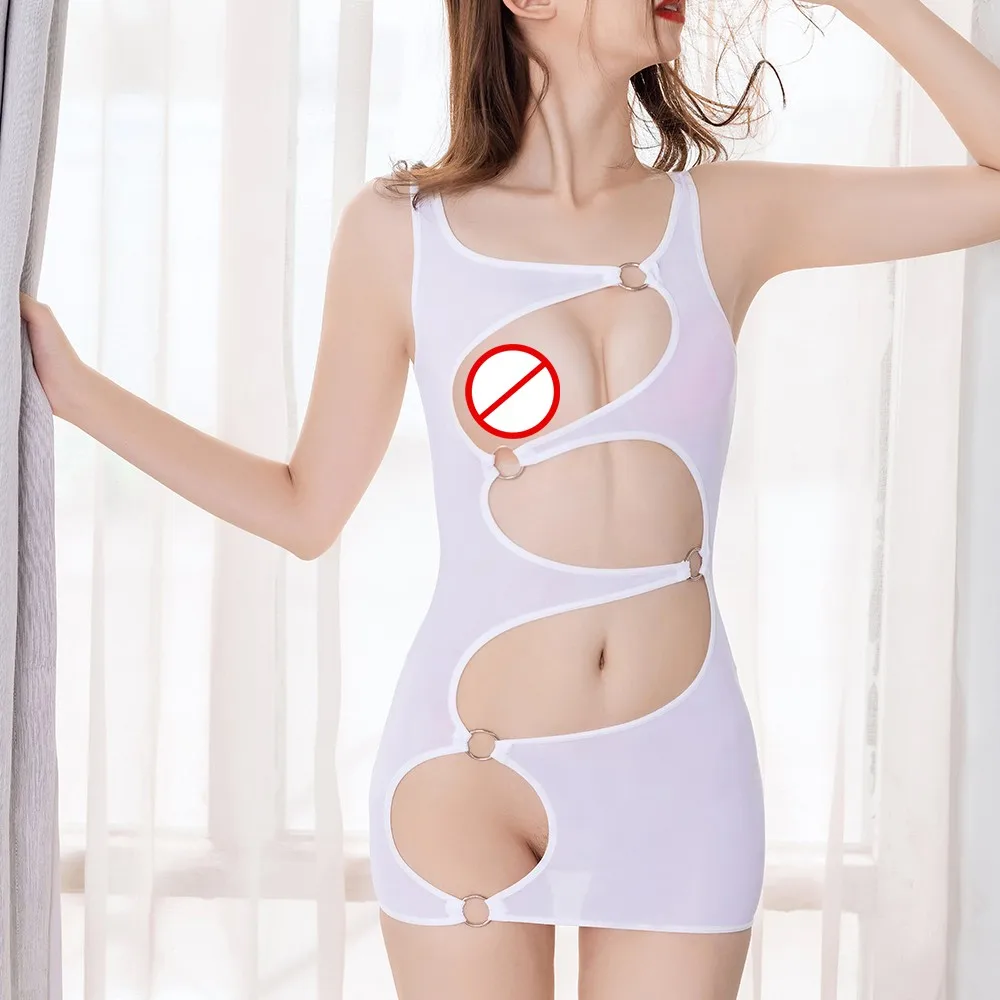 Women Sexy Sheer Strappy Open Bust Slim Bodycon Short Party Cocktail Dress Open Cup Erotic Lingerie Outfit Nightwear Uniform