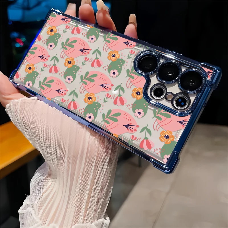S26 Edge Plating Silicone Phone Case For Samsung Galaxy S26 Ultra S25 FE S24 Plus S25+ Fashion Flowers Pattern Back Cover