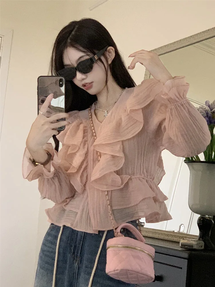 Women New Autumn Spring Crew-neck Ruffle Pleated Puff Long Sleeve Design Blouses Oversize Patchwork Casual Chiffon Over-shirt