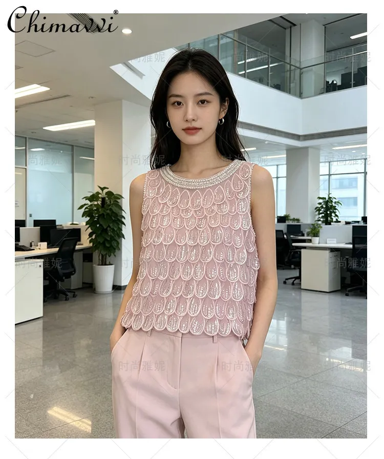 

Fashion Heavy Sequin Beaded and Pearl Flower Embellished Vest Women's 2026 Summer New Stage Performance Top Vest Ladies Tanks