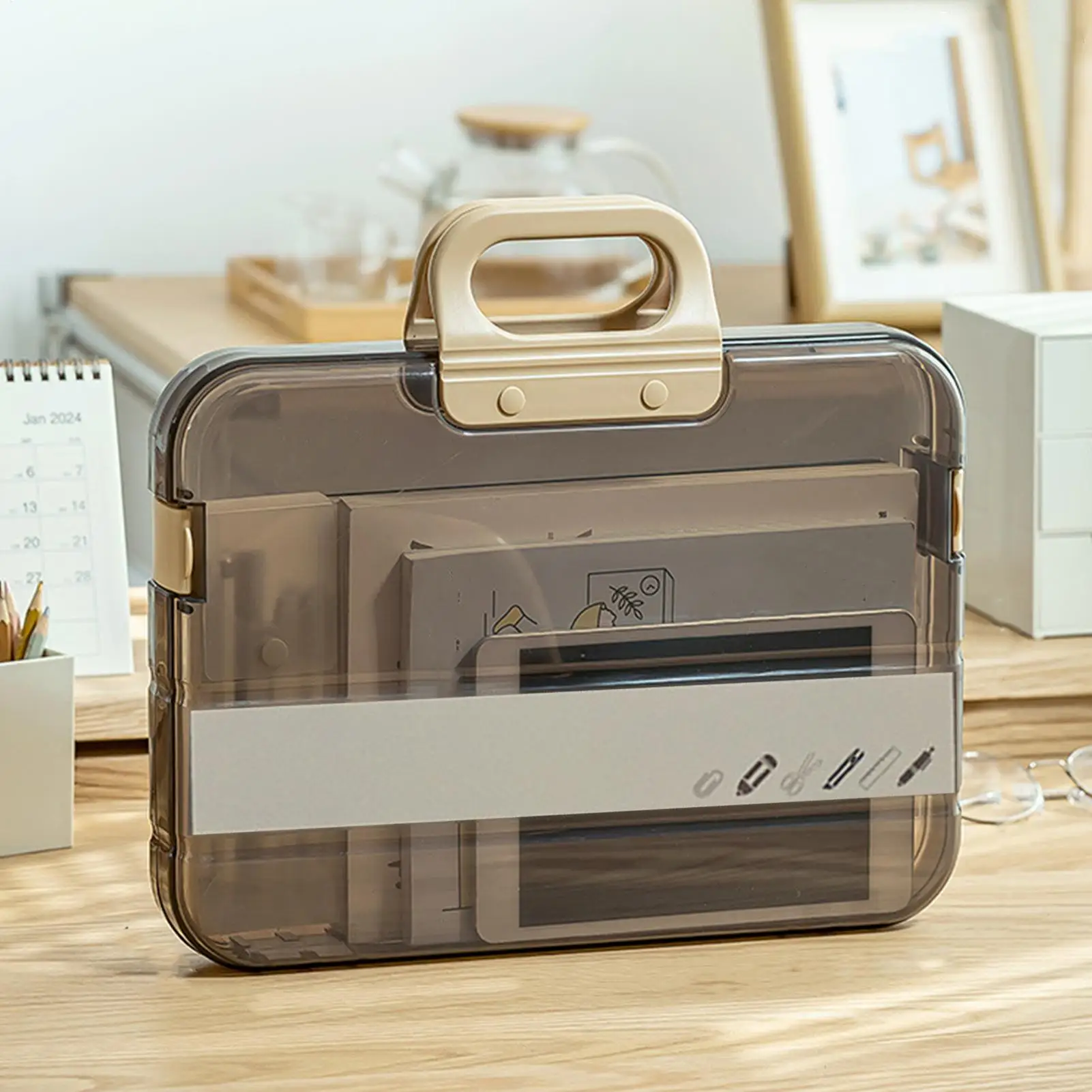 A4 Transparent Portable File Box Plastic Pencil Case Folder with Lock Handle Documents Bag Stationery Storage Case for Students
