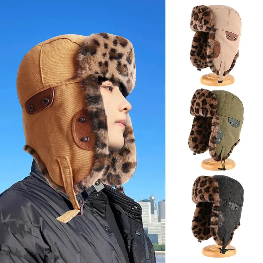 1 unidad de gorro de invierno para hombre con estampado de leopardo, estilo Lei Feng, tipo cazador, aviador, soldado, con orejeras, cálido, de felpa, con protección para las orejas, de algodón.